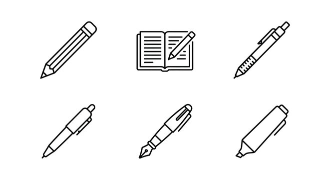 Collection of writing implements including pencils and pens in vector style