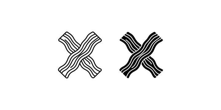 Crossed crispy bacon strips icon in outline and solid flat vector design styles.