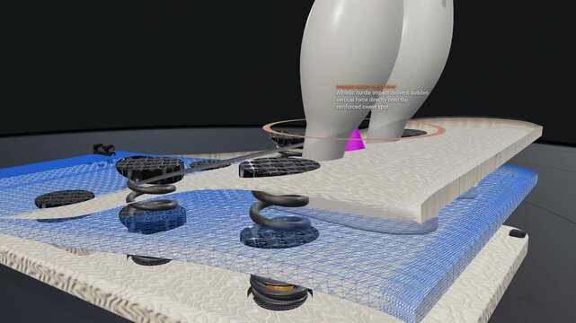 3D animation showing the internal mechanics and physics of a gymnastics springboard demonstrating how carbon steel springs and birch laminate absorb kinetic energy to launch an athlete