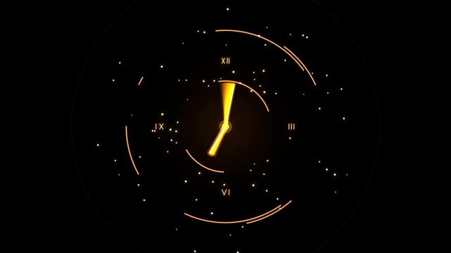 Golden digital clock hud interface with rotating hands and particle effects time