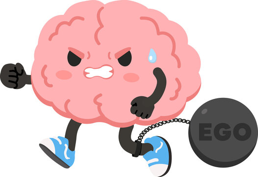 Ego concept shown as angry brain character chained to heavy ball weight