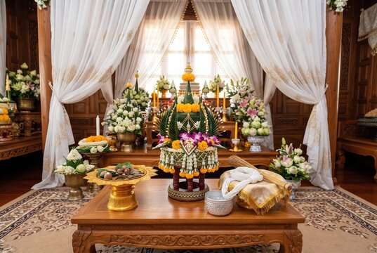 Thai wedding ceremony offering table with curtain backdrop