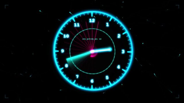 Neon digital clock hud interface with rotating scanning radar animation heads-up display glowing