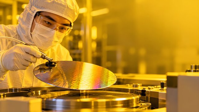 Cleanroom engineer holding silicon wafer with vacuum wand in fab