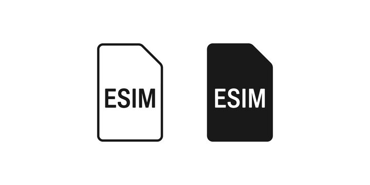 Esim digital mobile sim card icon set with black outline and solid style for telecommunication technology and wireless connectivity.