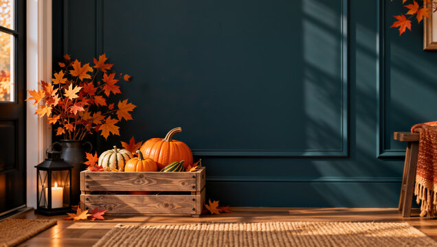 Autumn home decor with pumpkins in wooden crate. Cozy indoor fall scene with lantern and colorful leaves. Dark teal wall background