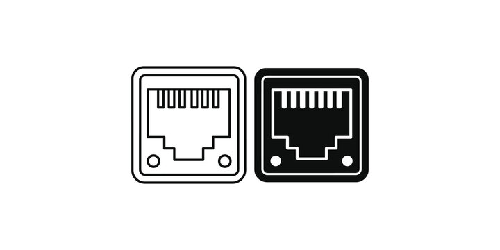 Ethernet port icon set with network cable interface design for computer hardware connectivity and internet networking equipment.