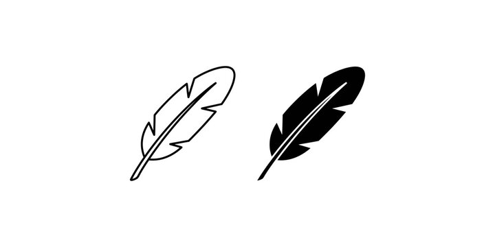 Feather outline and solid vector icon set representing lightweight design and quill pen writing.