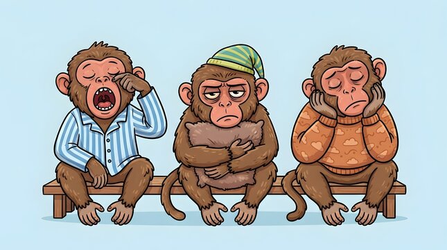 Group of cute cartoon monkeys ready for sweet dreams.