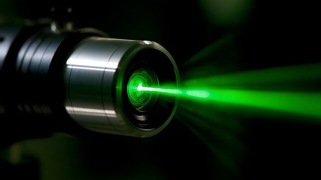 A high powered green laser beam emerges from a metallic cylindrical device against a dark background  showcasing precise scientific lighting