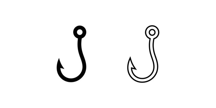Fishing hook icons with sharp point and eyelet for outdoor recreation activities.