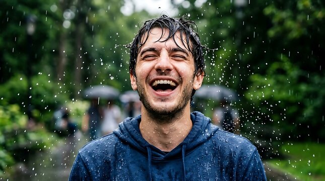 Joyful man with eyes closed laughing heartily in the rain outdoors, embracing the moment