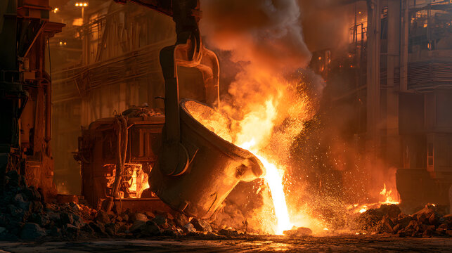 Industrial foundry pouring glowing molten metal from a large tilting ladle.