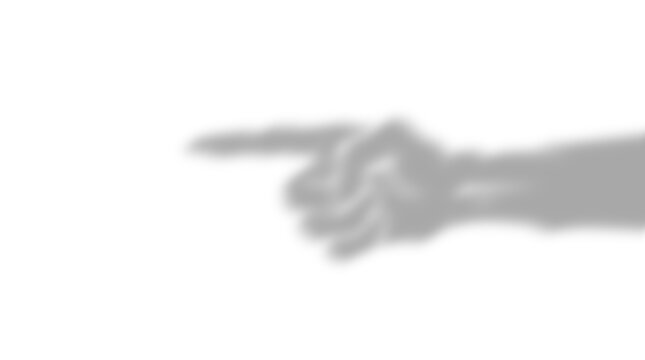 An abstract shadow depiction of a human hand gesturing forward with intentionally blurred fingers against a clean white background fully isolated on a transparent base