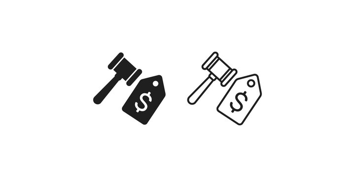 Gavel and dollar price tag auction and legal justice vector icon set.