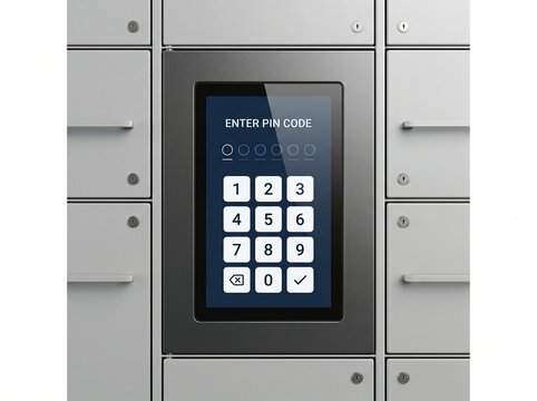 A close-up view of a modern parcel locker with a digital keypad for secure package retrieval, representing the concept of transportation and logistics.  
