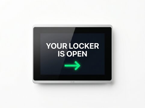 Minimalist touch screen panel displaying the message "Your locker is open" highlighting ease of access and user convenience, ideal for digital signage in transport and logistics.  