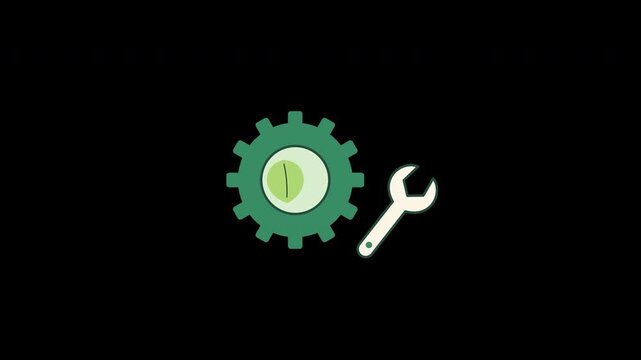 Green gear with leaf and wrench icon representing sustainable maintenance, ecological industry, and eco technology repair