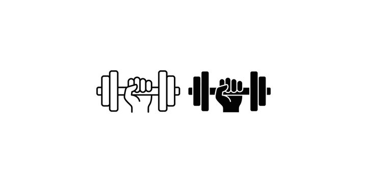 Dumbbell held by hand in solid and outline styles for fitness and gym equipment icons.