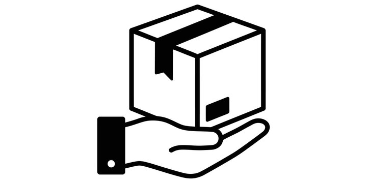 Hand holding cardboard shipping box icon for delivery logistics e-commerce retail and warehouse distribution services.