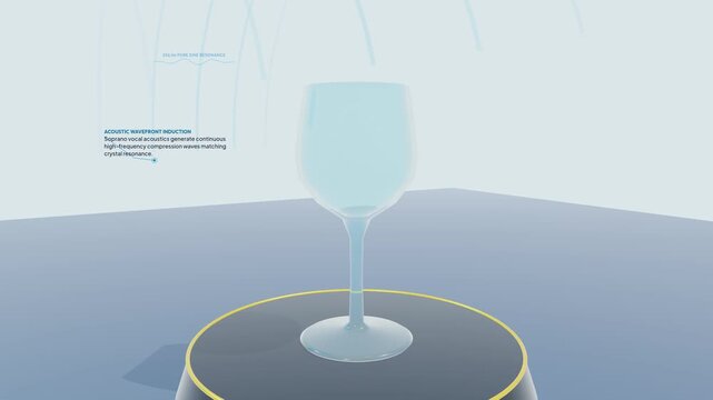 3D animation of acoustic resonance shattering a crystal glass, demonstrating natural frequency coupling, critical tensile cleavage, and catastrophic fragmentation caused by high-frequency sound waves