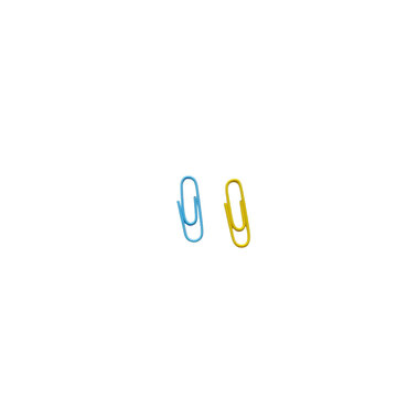 Blue and yellow paper clips isolated on white background