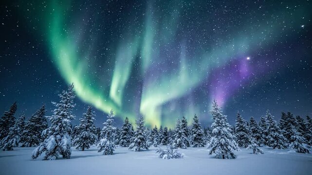 Spectacular Aurora Borealis Dancing Over a Serene Snowy Forest at Night