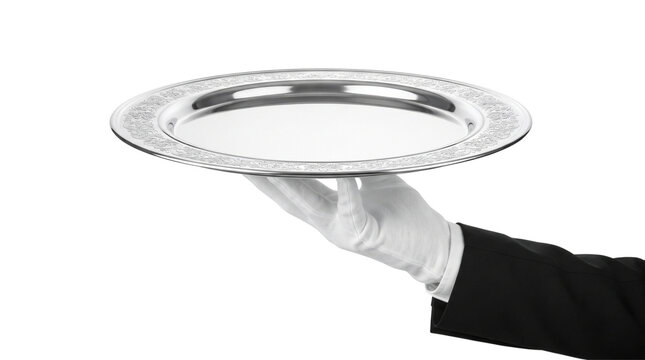 Waiter holding empty silver tray photo. White gloved hand balancing a polished metal platter on an isolated white background. Professional hospitality service photography for restaurant industry.