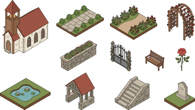 Isometric church and graveyard garden element set with vector illustrations of chapel stone path fence pond stairs bench arch and tombstone