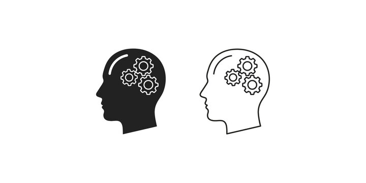 Head profile with gear mechanism icons representing cognitive functions and mental health concepts.