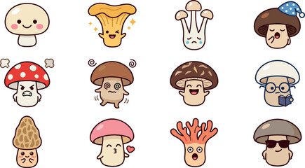 Fototapeta premium Cute kawaii mushroom emoji vector set featuring funny cartoon characters with different facial expressions emotions stickers and isolated woodland fungus elements
