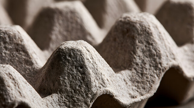 Molded pulp packaging demonstrates recycled paper texture with undulating geometric egg carton ridges.