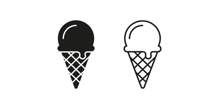 Ice cream cone icons with textured waffle pattern in solid and outline black styles.