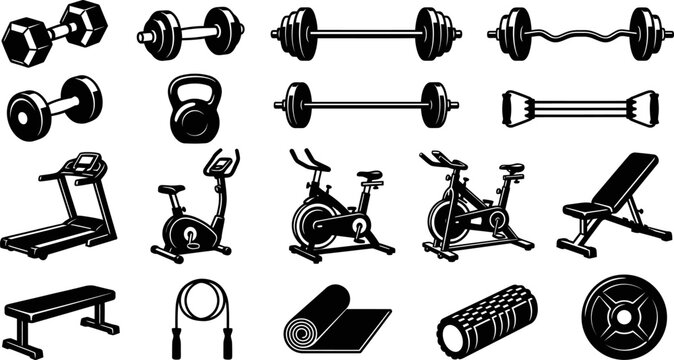 Comprehensive gym equipment icons black and white vector illustration set for fitness and bodybuilding design projects