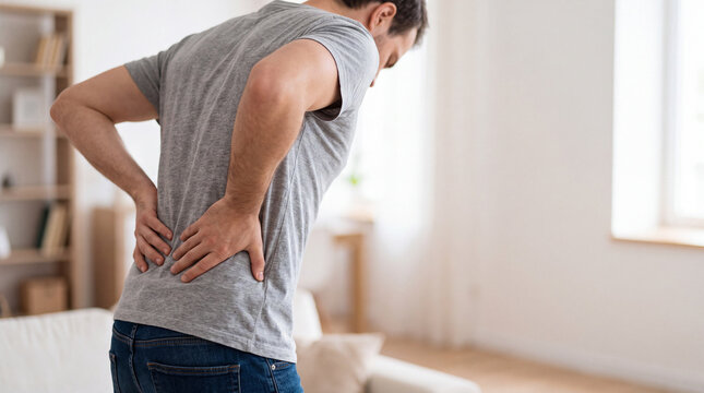 Man standing in living room holding his lower back in pain