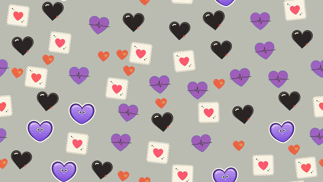Heart pattern with ECG and cartoon hearts