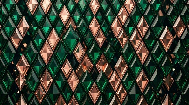 Luxury emerald green tile pattern background, metallic rose gold glass diamond mosaic surface, abstract modern geometric texture