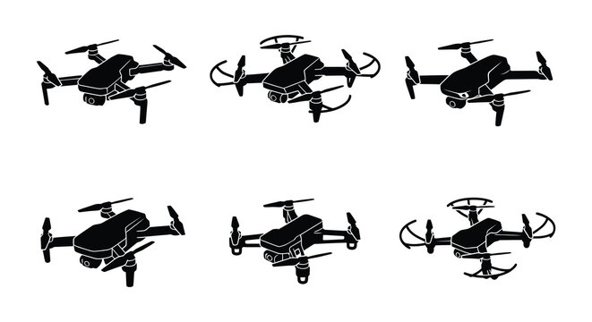 Drone silhouettes in various perspectives a flat vector graphic