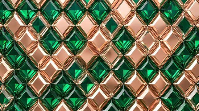 Luxury emerald green and rose gold diamond pattern background, glossy geometric tiles texture, elegant seamless metallic abstract design
