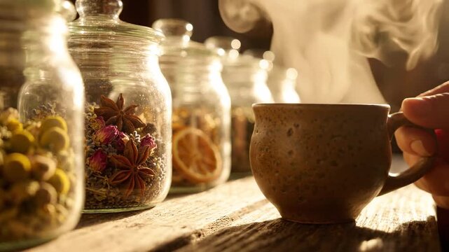 Assorted Dried Spices and Botanicals in Glass Jars on Rustic Wooden Shelf