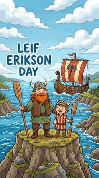 Cartoon leif erikson day illustration with a happy viking father and his son standing on a cliff near a ship