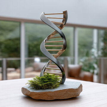 Modern DNA sculpture metal abstract art on stone base, indoor decor, green plant accent, natural light