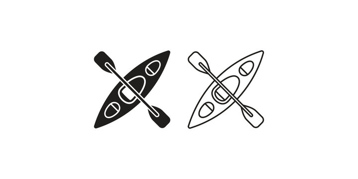 Kayaking water sport icon set with silhouette and outline styles for adventure and tourism branding.