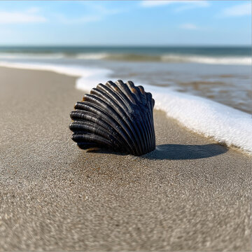 Black seashell sand beach ocean wave nature summer calm peaceful closeup outdoor daylight travel vacation relaxation coastal