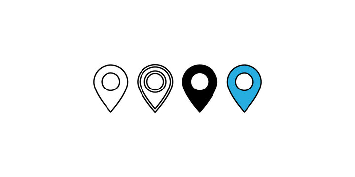 Map pin location markers in four different designs for navigation and geolocation services.