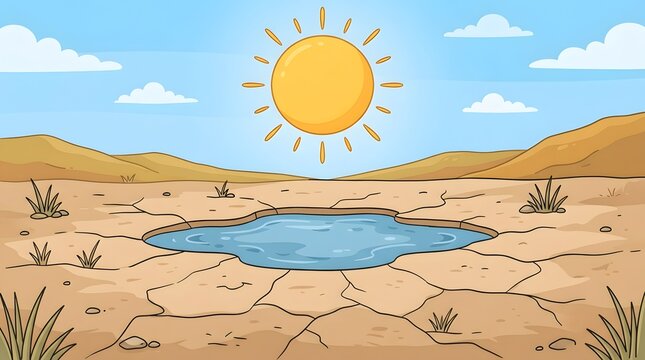 Small Water Puddle In Dried Cracked Desert Ground Landscape