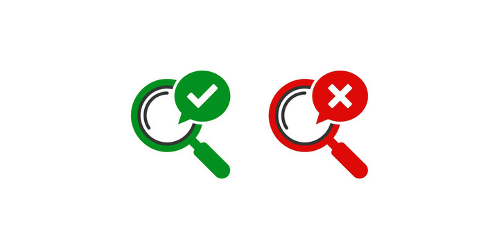 Magnifying glass search result status icons with green checkmark and red cross for verification.