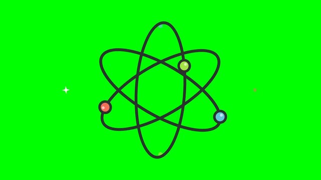 Animated atom model rotating with colorful electrons on green screen background