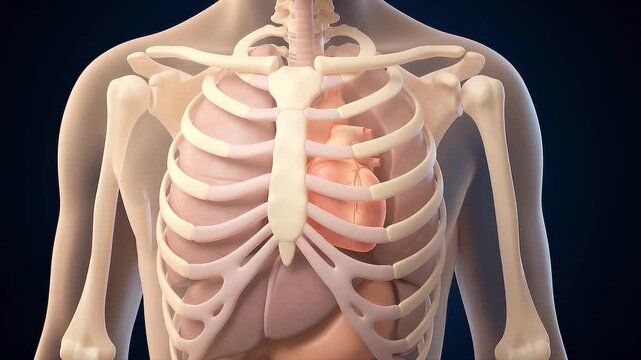 Anatomical 3D medical illustration of a human torso showing the heart and lungs inside the rib cage for healthcare and education