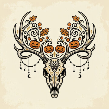 Boho Halloween Deer Skull with Antlers and Jack-o'-Lanterns